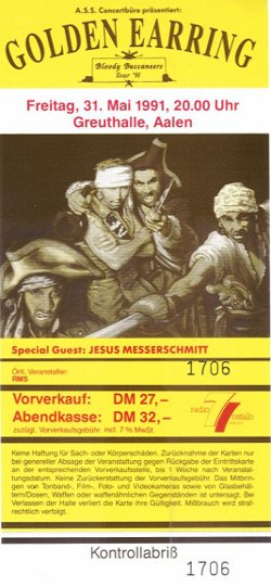 Golden Earring ticket#1706 May 31, 1991 Aalen (Germany) - Stadthalle